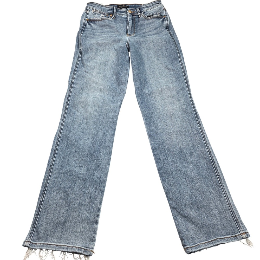 Judy Blue Dad Jeans Womens 7/28 Blue Medium Wash Distressed Raw Hem Straight Leg